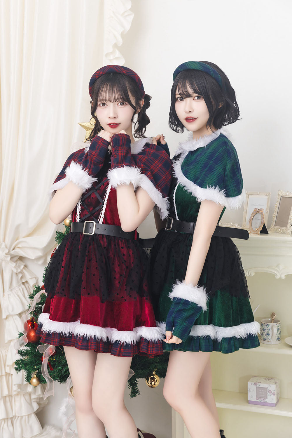《JamsCollection着用》コスプレ サンタ クリスマス リリパレ チェックケープサンタ レディース フリーサイズ グリーン/レッド【クリアストーン】♡