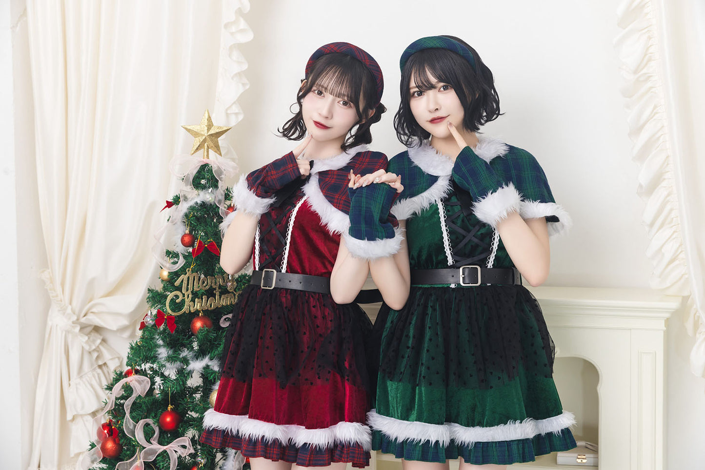《JamsCollection着用》コスプレ サンタ クリスマス リリパレ チェックケープサンタ レディース フリーサイズ グリーン/レッド【クリアストーン】♡