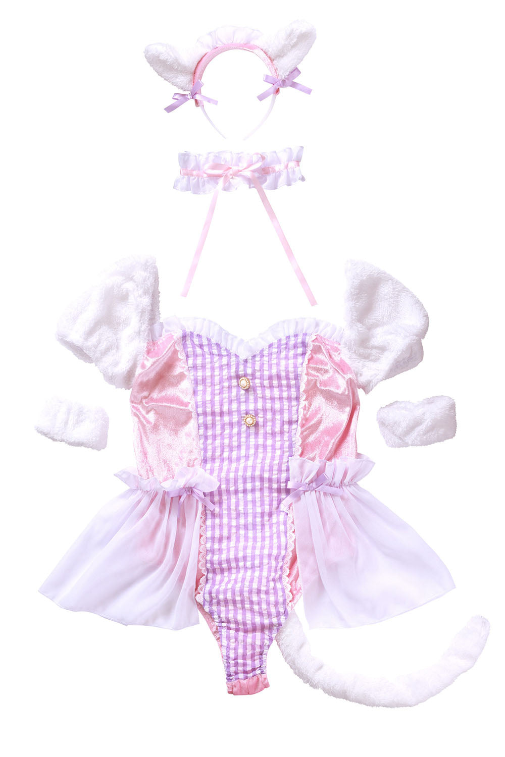 《神谷泉水ちゃん着用》 コスプレ アニマル ねこ マカロンキャット チェックレオタード レディース ピンク【クリアストーン】♡