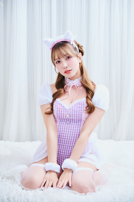 《神谷泉水ちゃん着用》 コスプレ アニマル ねこ マカロンキャット チェックレオタード レディース ピンク【クリアストーン】♡