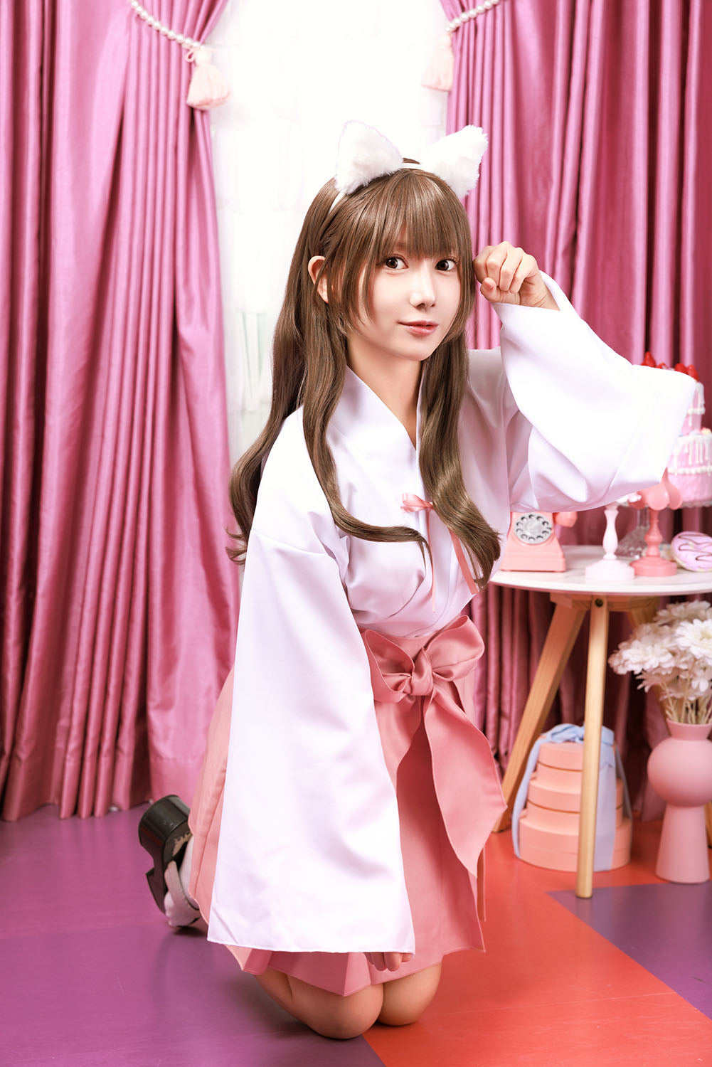 コスプレ アニマル ねこ 巫女 マカロンキャット ピンク巫女 レディース