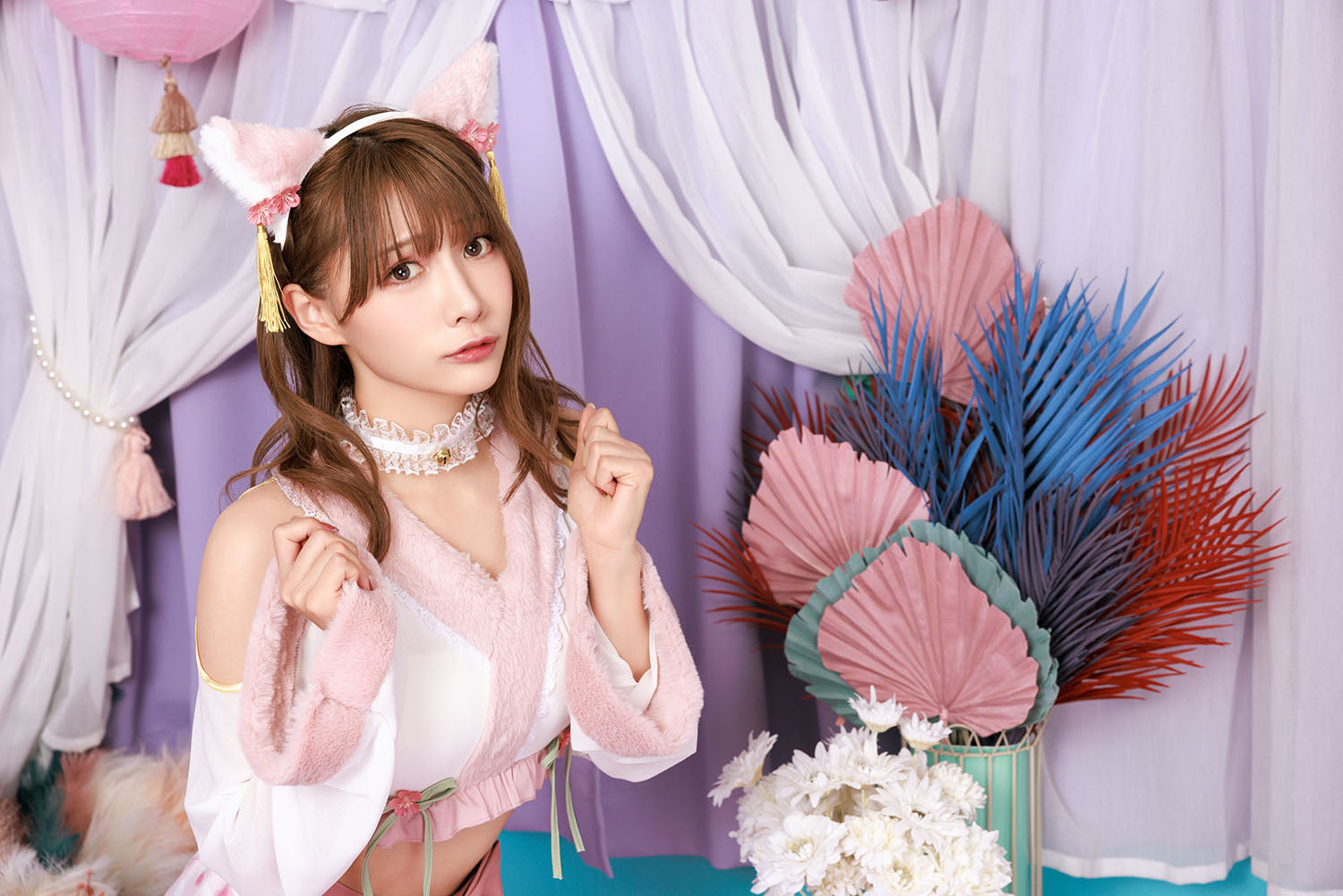 アニマルコスプレ衣装 ピンク フリーサイズ コスプレ 和風 装束 アニマル 恋衣 和装束 桃花巫女ねこ