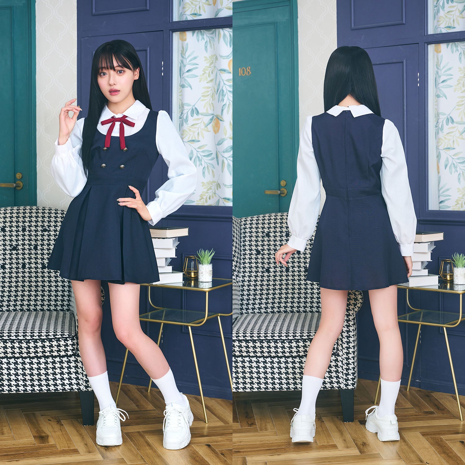 コスプレ 制服 オルチャンセーラー ワンピース ネイビー レディース