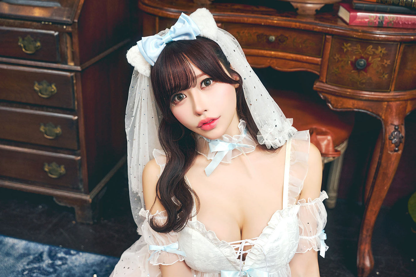 コスプレ 花嫁 ジューンブライド キティドールブライド レディース フリーサイズ ホワイト×ブルー【クリアストーン】