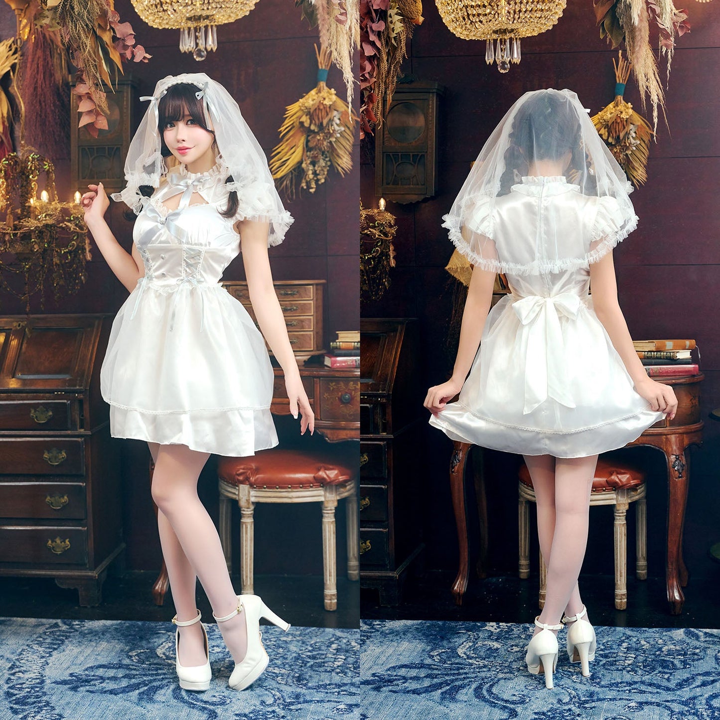 コスプレ 花嫁 ジューンブライド パールブライド レディース フリーサイズ ホワイト×グレー【クリアストーン】