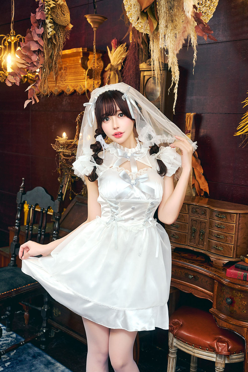 コスプレ 花嫁 ジューンブライド パールブライド レディース フリーサイズ ホワイト×グレー【クリアストーン】