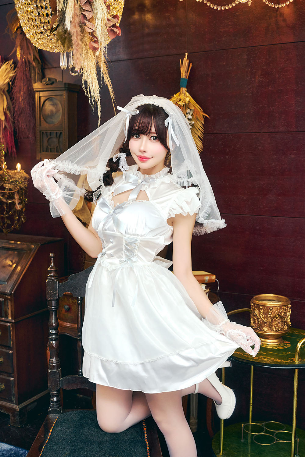 コスプレ 花嫁 ジューンブライド パールブライド レディース フリーサイズ ホワイト×グレー【クリアストーン】