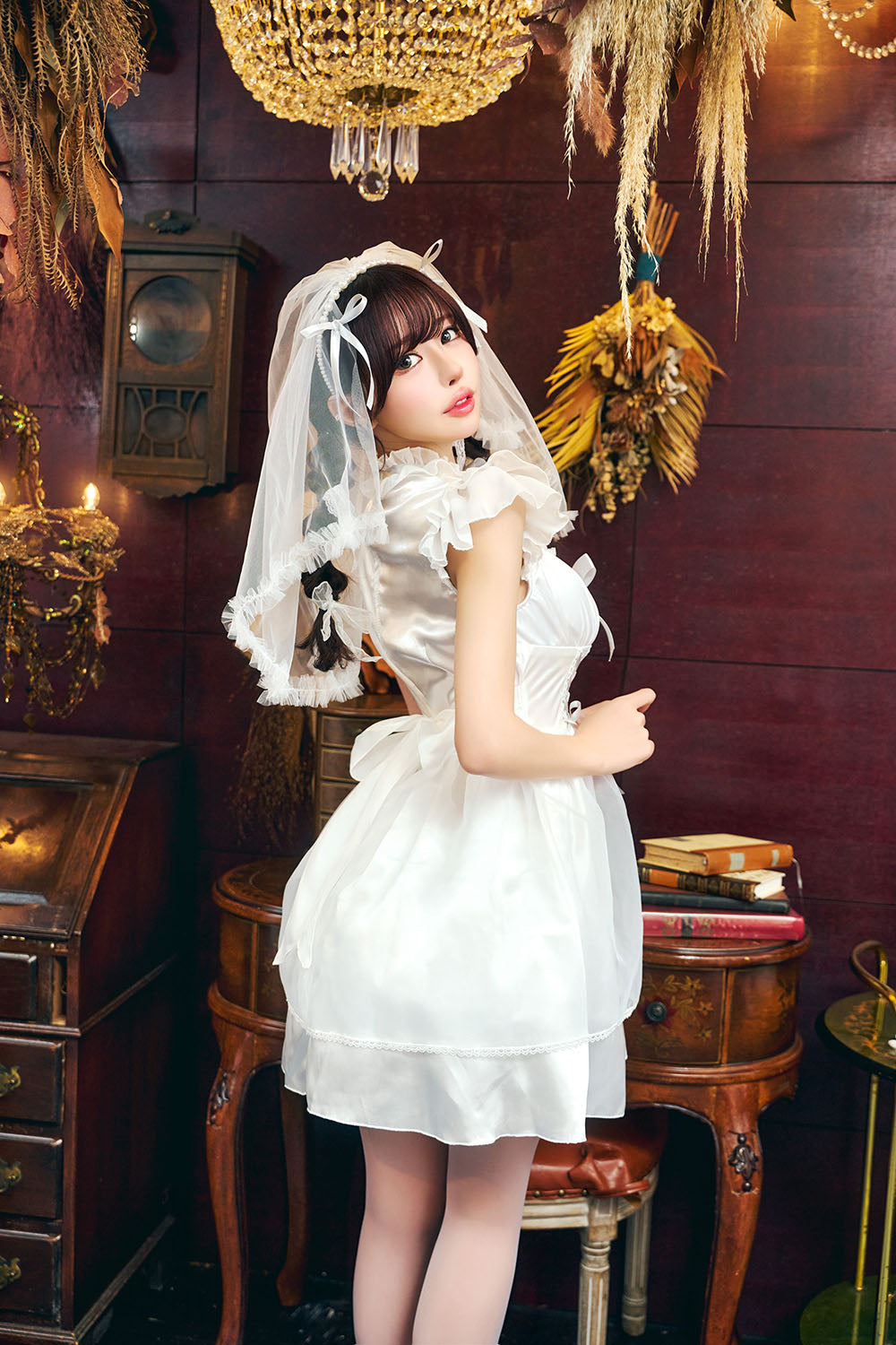 コスプレ 花嫁 ジューンブライド パールブライド レディース フリーサイズ ホワイト×グレー【クリアストーン】