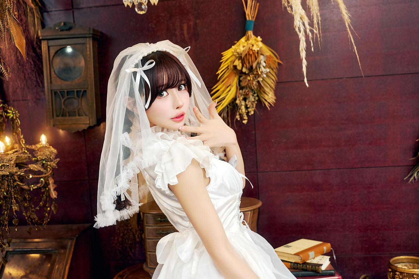 コスプレ 花嫁 ジューンブライド パールブライド レディース フリーサイズ ホワイト×グレー【クリアストーン】