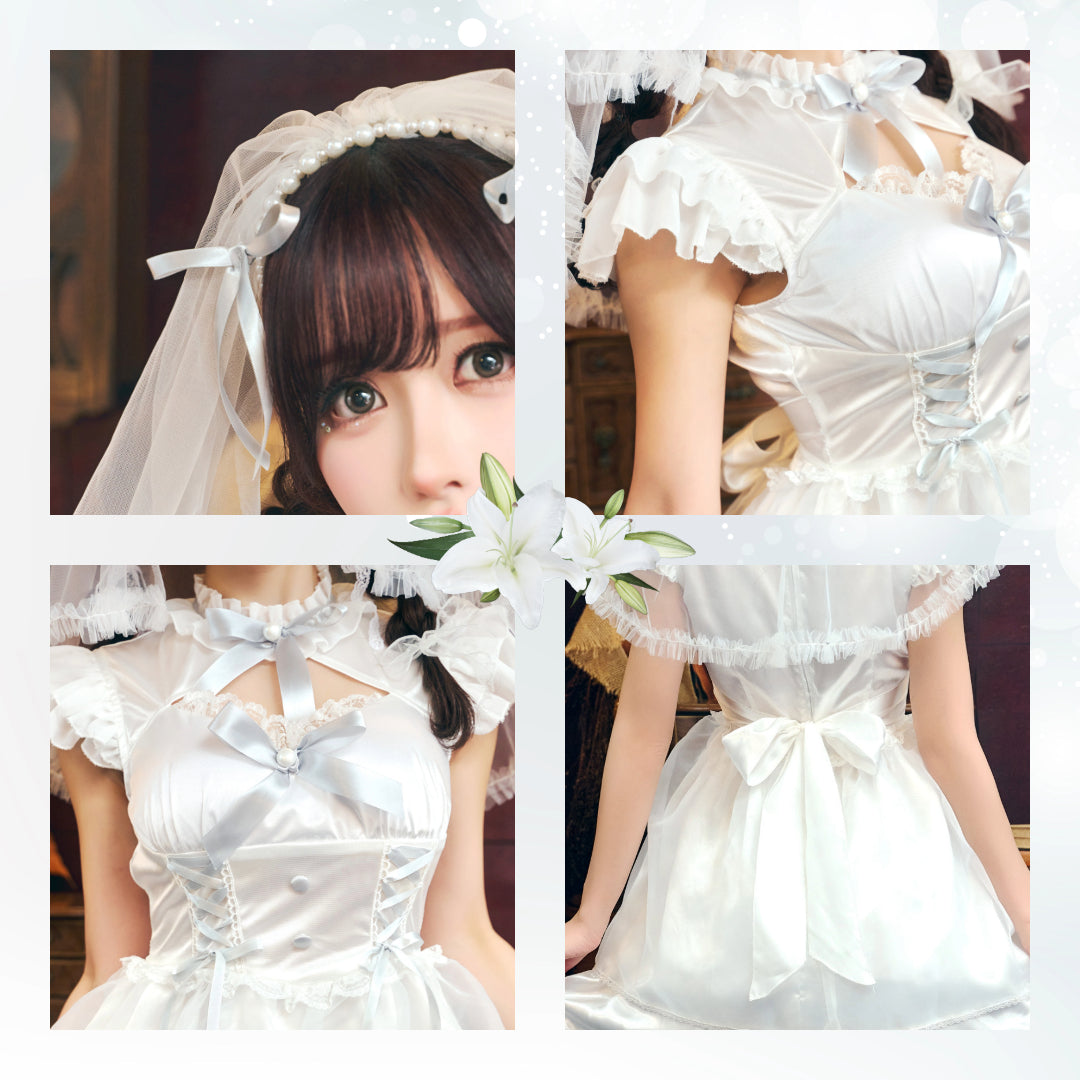 コスプレ 花嫁 ジューンブライド パールブライド レディース フリーサイズ ホワイト×グレー【クリアストーン】