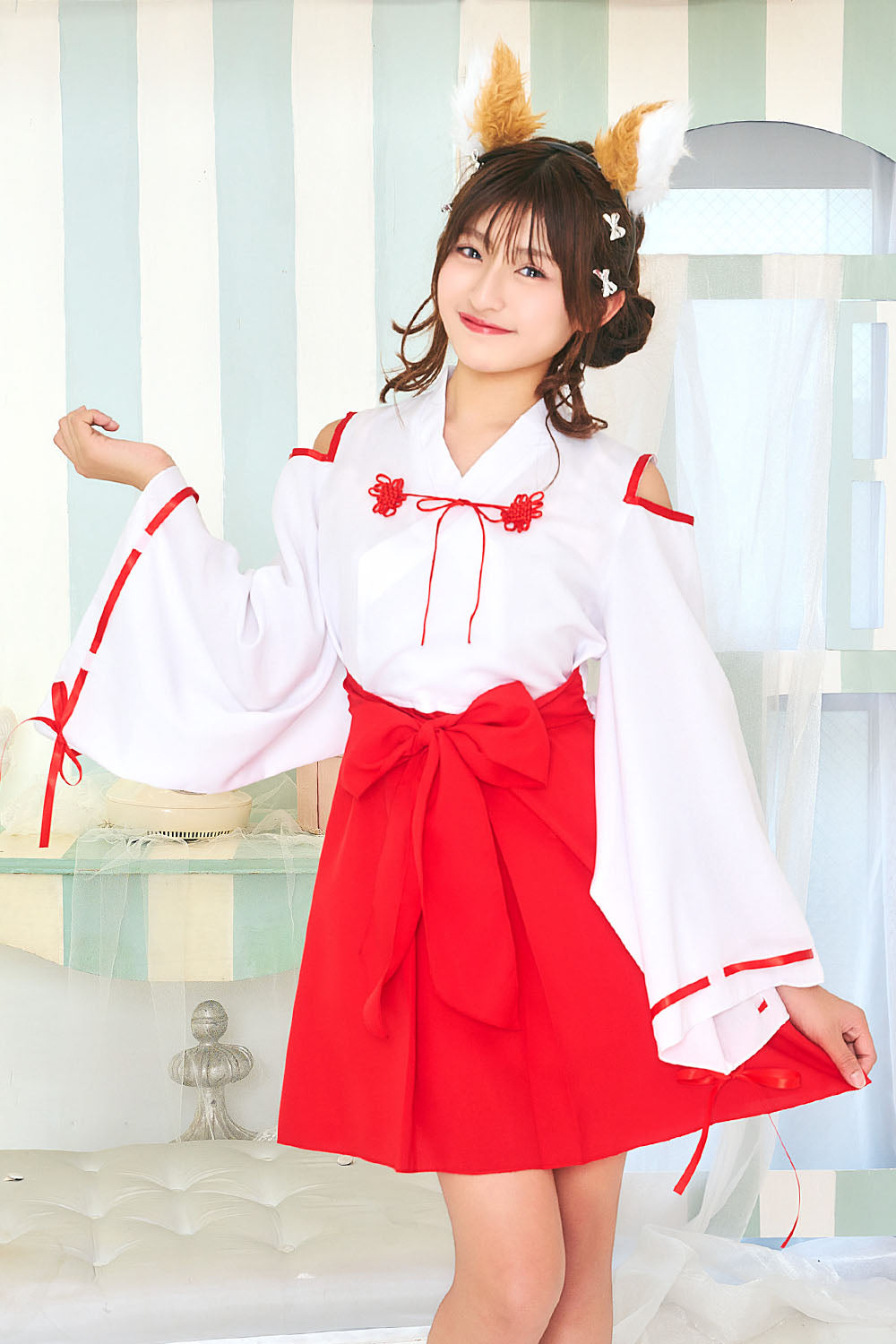 [NEW] コスプレ ジュニア こども キツネ COSCHU! きつね巫女 140～150cm レッド 【クリアストーン】