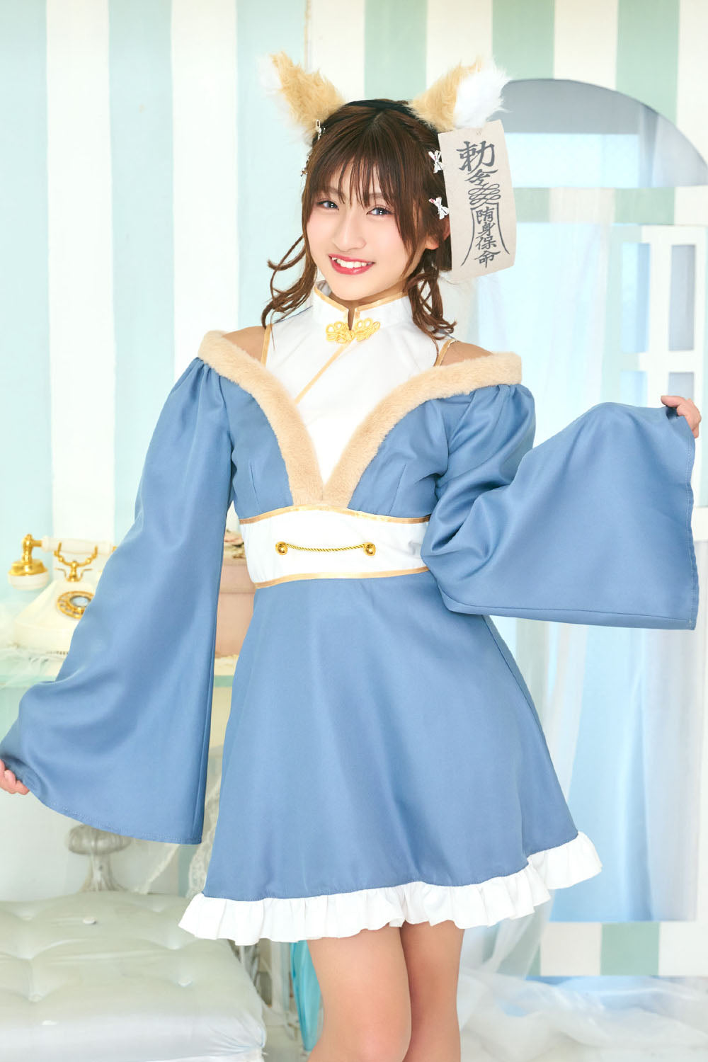 [NEW] コスプレ ジュニア こども キツネ COSCHU! きつねガールキョンシー 140～150cm ブルー 【クリアストーン】