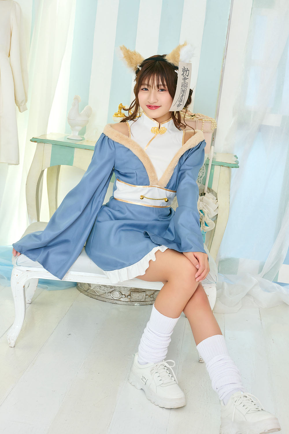 [NEW] コスプレ ジュニア こども キツネ COSCHU! きつねガールキョンシー 140～150cm ブルー 【クリアストーン】