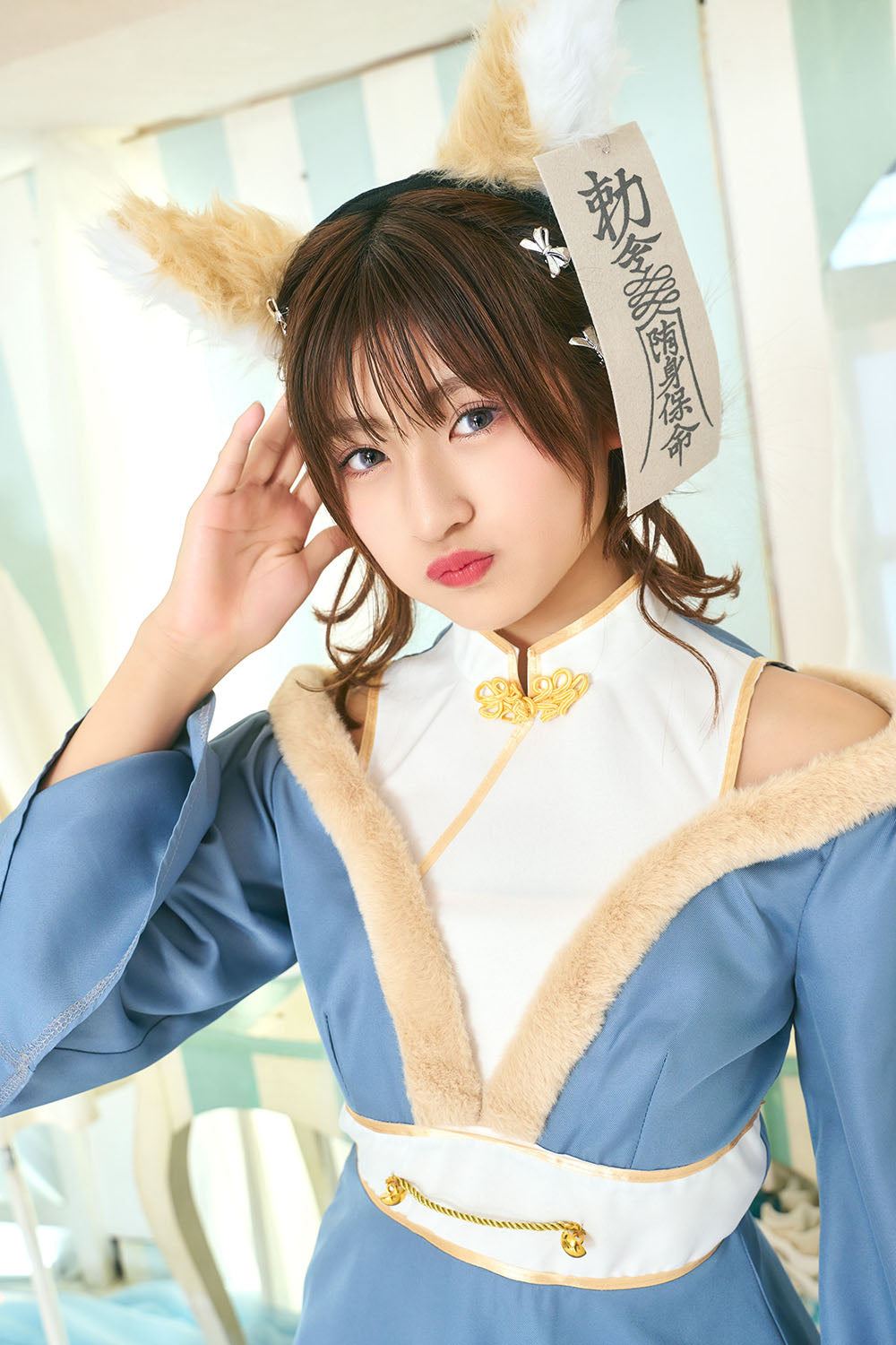 [NEW] コスプレ ジュニア こども キツネ COSCHU! きつねガールキョンシー 140～150cm ブルー 【クリアストーン】