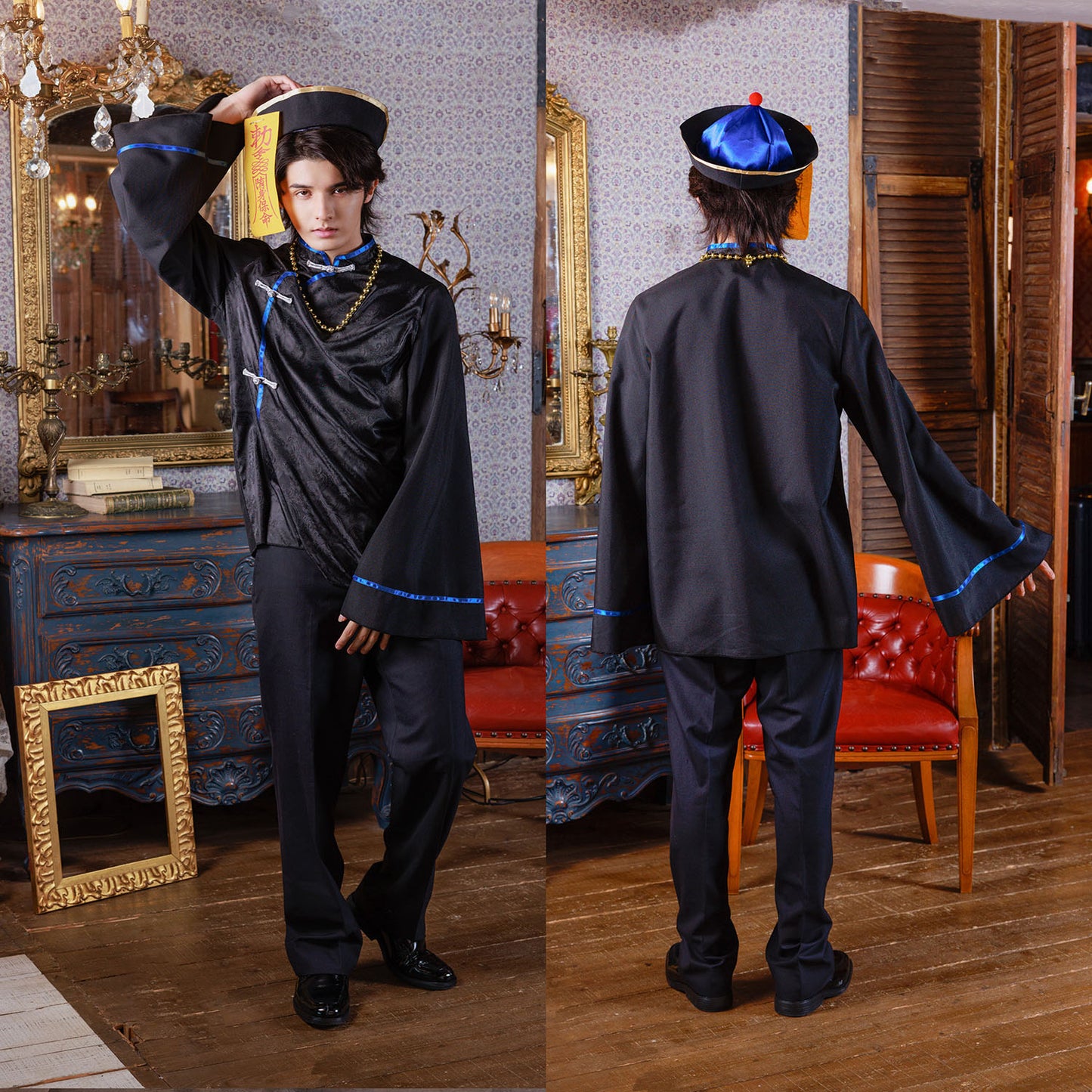 [New] ≪スタンミさん着用≫ コスプレ ハロウィン チャイナ ダークキョンシー メンズ フリーサイズ ブラック【クリアストーン】