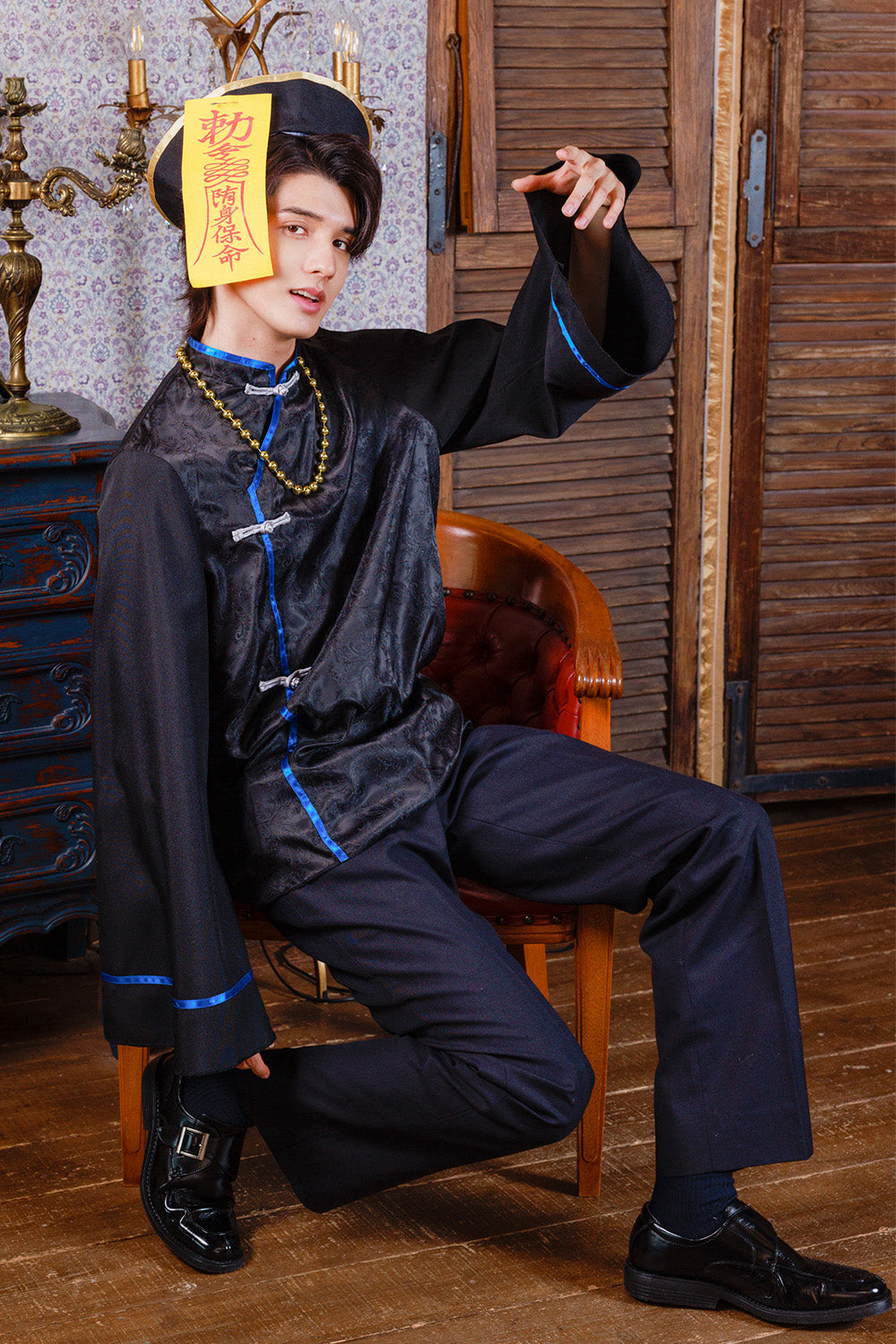 [New] ≪スタンミさん着用≫ コスプレ ハロウィン チャイナ ダークキョンシー メンズ フリーサイズ ブラック【クリアストーン】