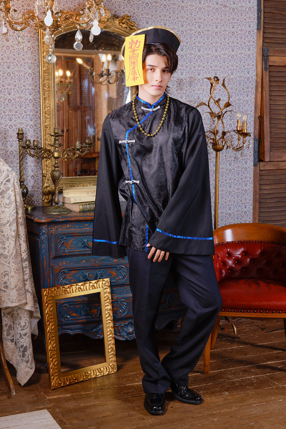 [New] ≪スタンミさん着用≫ コスプレ ハロウィン チャイナ ダークキョンシー メンズ フリーサイズ ブラック【クリアストーン】