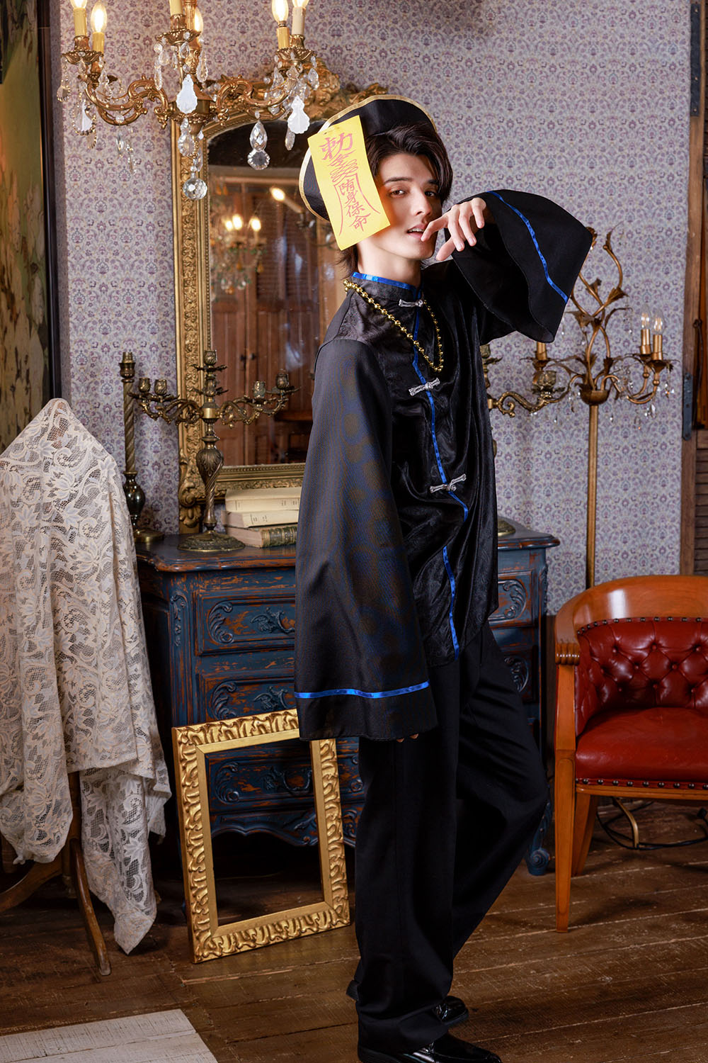 [New] ≪スタンミさん着用≫ コスプレ ハロウィン チャイナ ダークキョンシー メンズ フリーサイズ ブラック【クリアストーン】