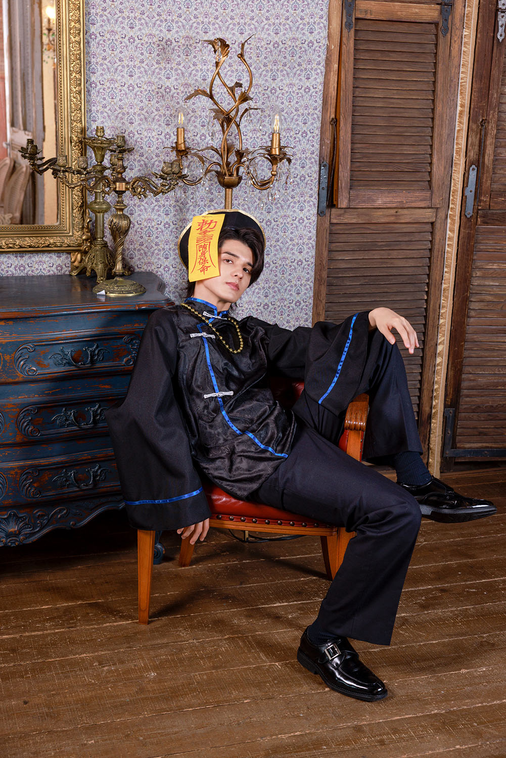 [New] ≪スタンミさん着用≫ コスプレ ハロウィン チャイナ ダークキョンシー メンズ フリーサイズ ブラック【クリアストーン】