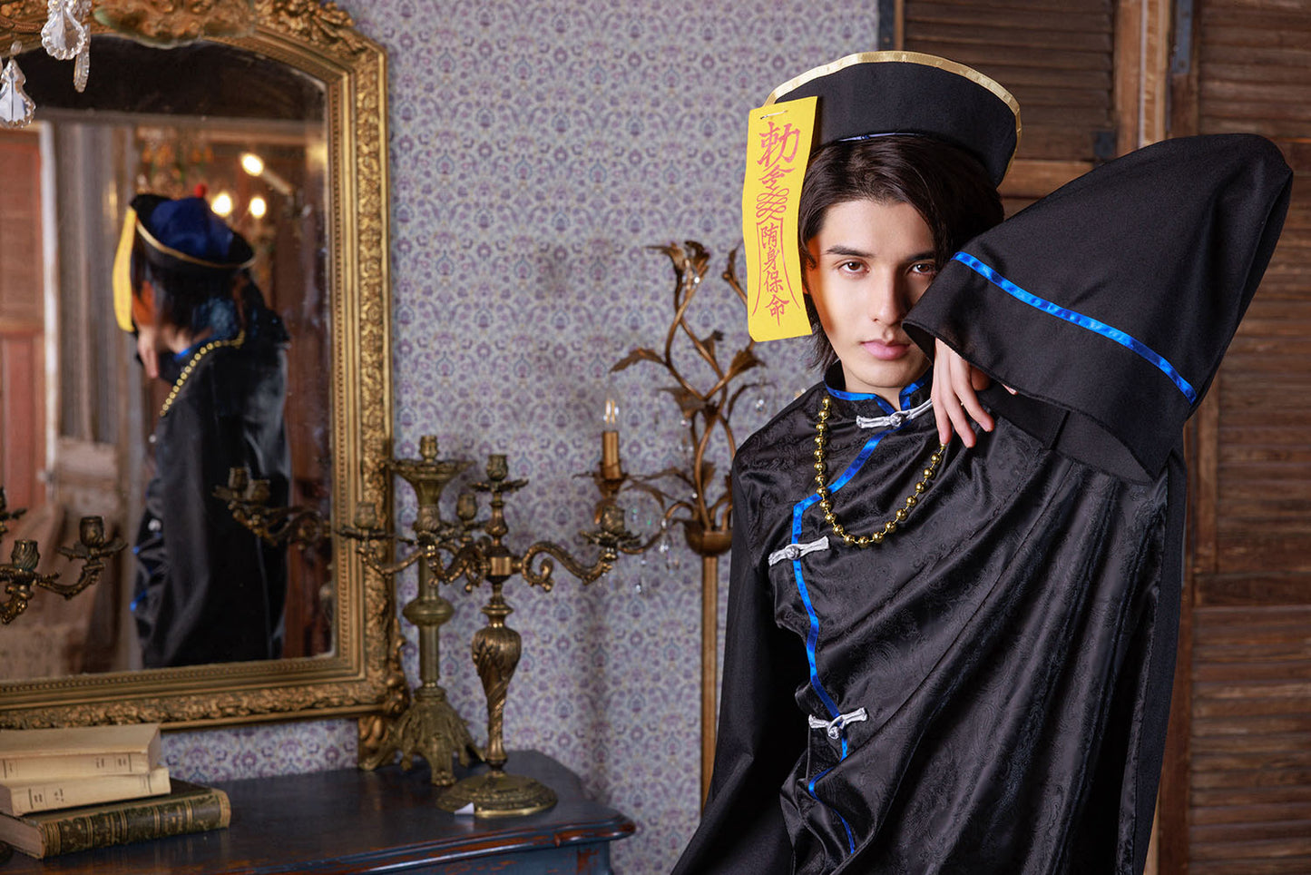 [New] ≪スタンミさん着用≫ コスプレ ハロウィン チャイナ ダークキョンシー メンズ フリーサイズ ブラック【クリアストーン】