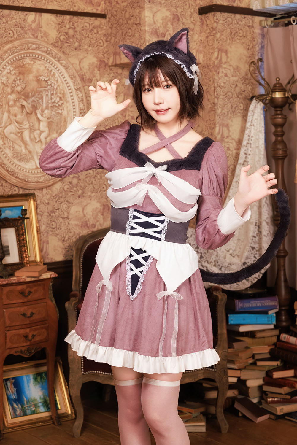 《えなこちゃん着用》[NEW] コスプレ ハロウィン ねこ 骸骨 ダスティコンフィ スケルトンキャット レディース フリーサイズ ピンク 【クリアストーン】