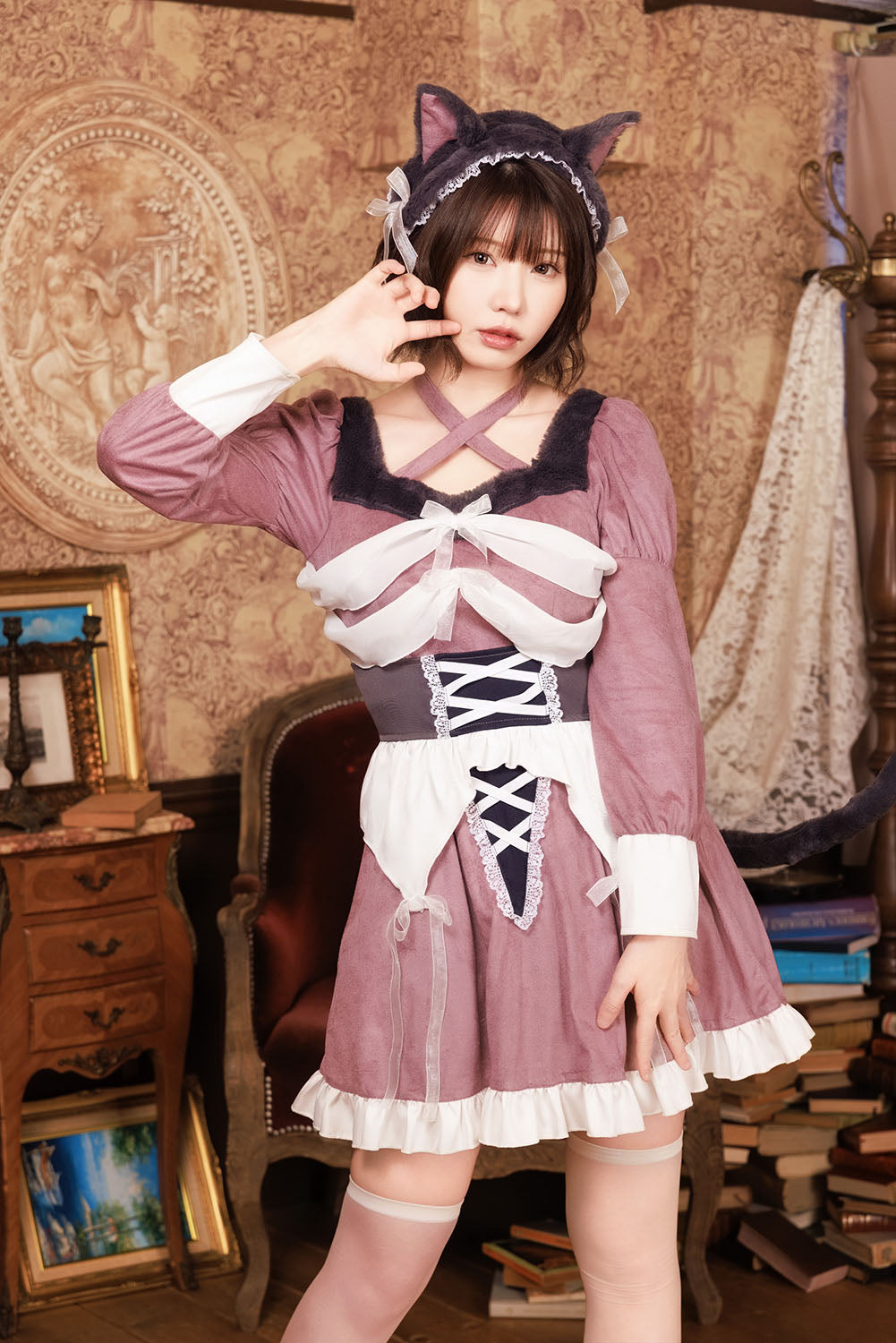 《えなこちゃん着用》[NEW] コスプレ ハロウィン ねこ 骸骨 ダスティコンフィ スケルトンキャット レディース フリーサイズ ピンク 【クリアストーン】