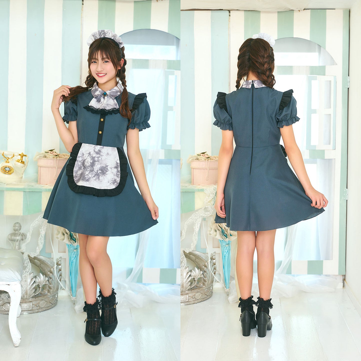 [NEW] コスプレ ジュニア こども メイド COSCHU! アンティークメイド 140～150cm グリーン 【クリアストーン】