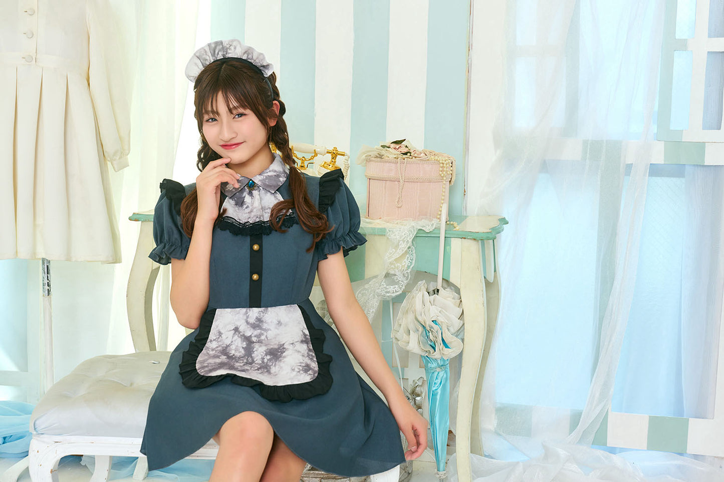[NEW] コスプレ ジュニア こども メイド COSCHU! アンティークメイド 140～150cm グリーン 【クリアストーン】