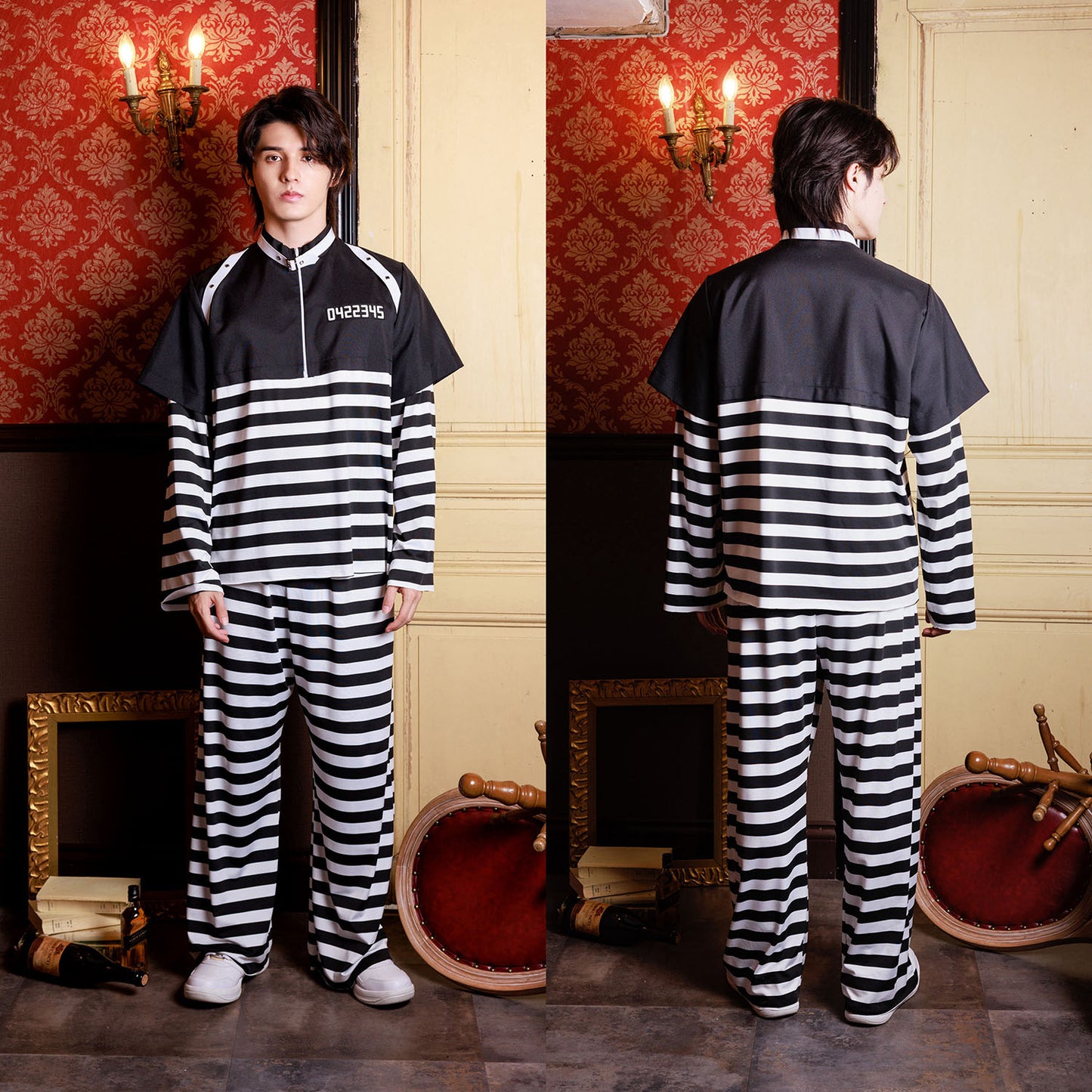 [New] ≪スタンミさん着用≫ コスプレ ハロウィン 囚人 プリズンマスター メンズ フリーサイズ ブラック【クリアストーン】