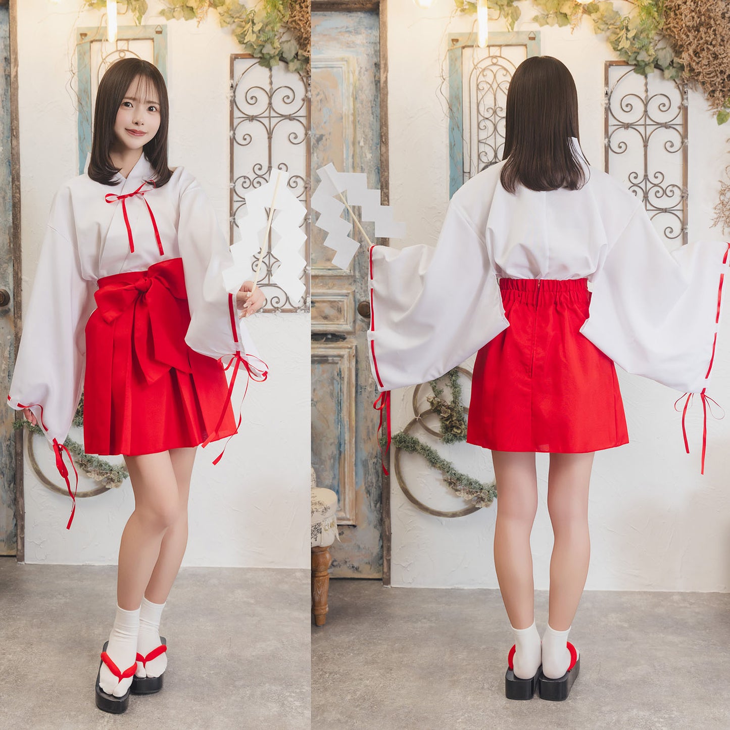 コスプレ 巫女さん 巫女 ミニ レディース フリーサイズ レッド【クリアストーン】♡