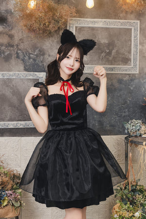 （ハロウィン）（送料無料）ブラックチェックとラインストーンとクロスのイヤリング コスプレ ねこ キャットブラック レディース フリーサイズ ブラック
