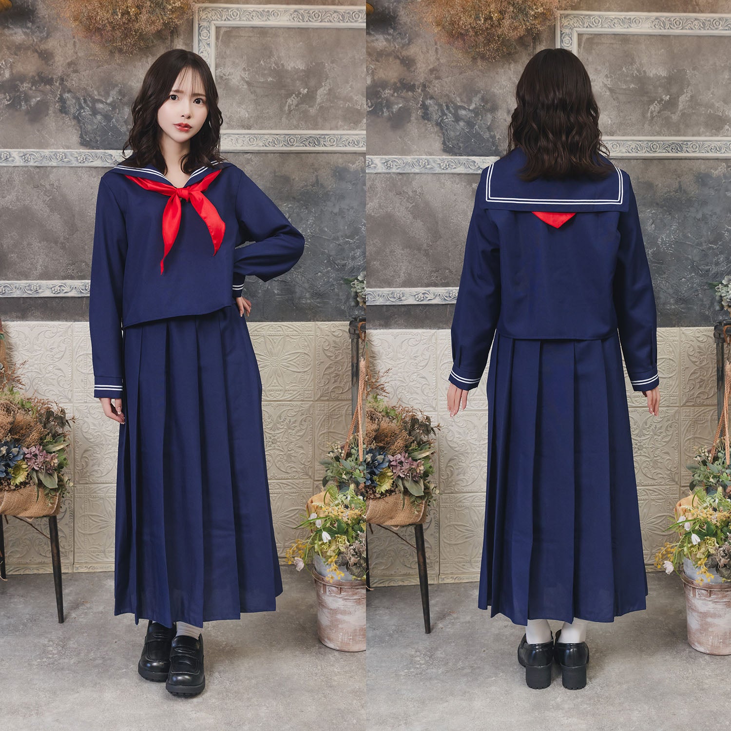 コスプレ 制服 セーラー ロング レディース フリーサイズ ネイビー