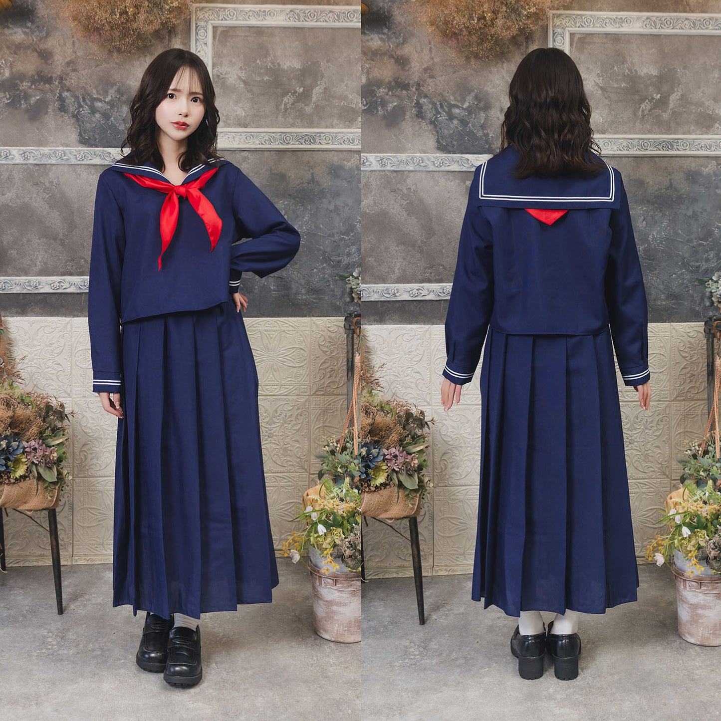コスプレ 制服 セーラー ロング レディース フリーサイズ ネイビー【クリアストーン】