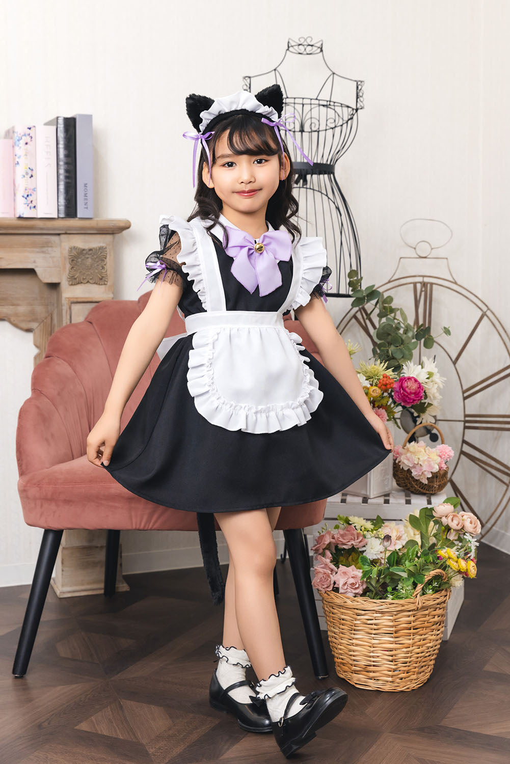 [New] コスプレ ハロウィン アニマル ねこ マオメイド キッズ 120cm/140cm ブラック【クリアストーン】