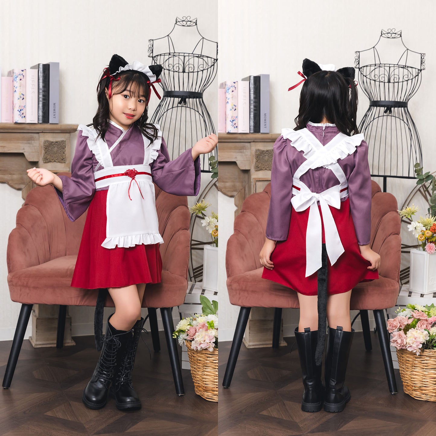 [New] コスプレ ハロウィン アニマル ねこ ハイカラメイド キッズ 120cm/140cm ブラック【クリアストーン】