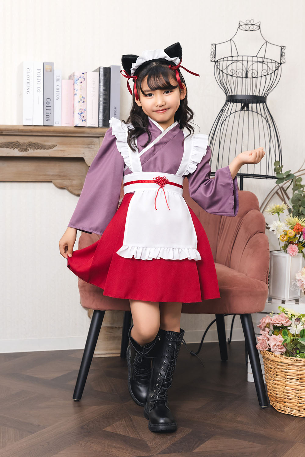 [New] コスプレ ハロウィン アニマル ねこ ハイカラメイド キッズ 120cm/140cm ブラック【クリアストーン】