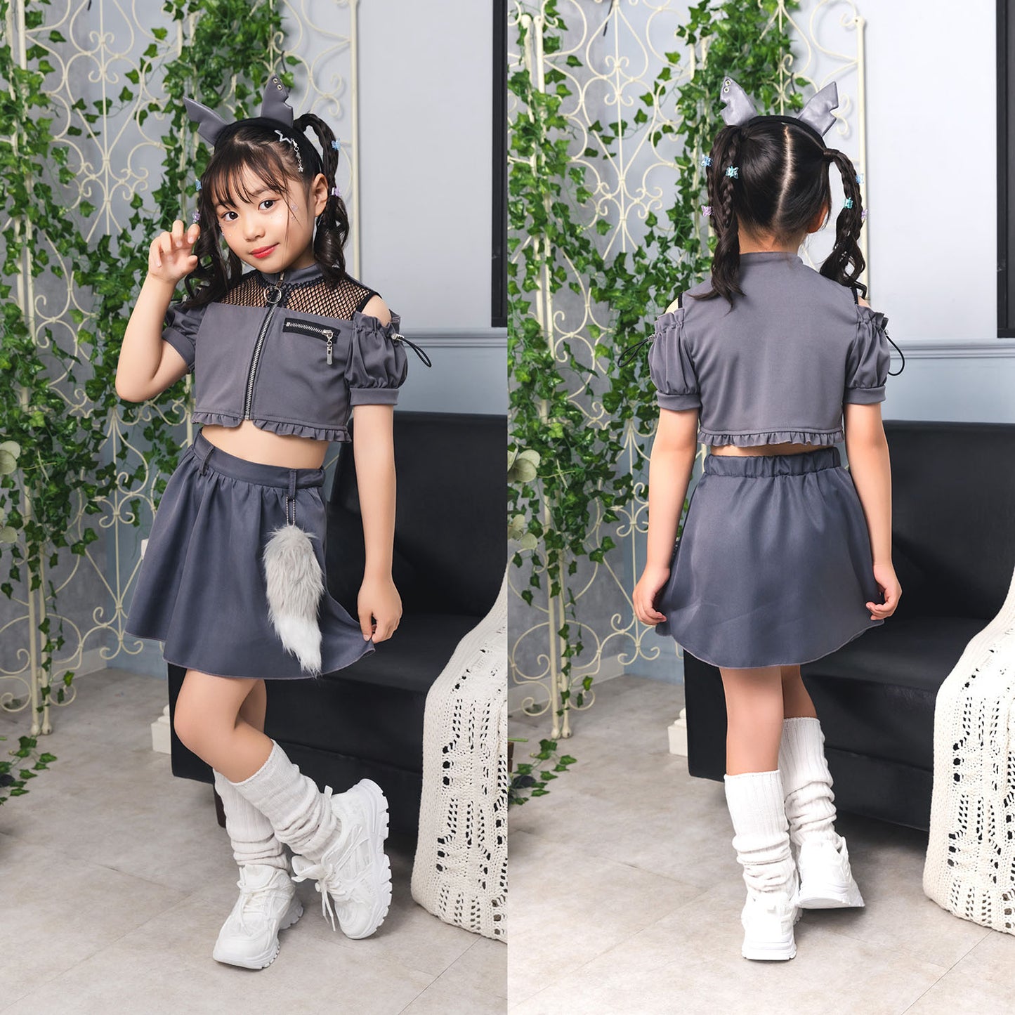 [New] コスプレ ハロウィン アニマル ねこ トキシックウルフ キッズ 120cm/140cm グレー【クリアストーン】