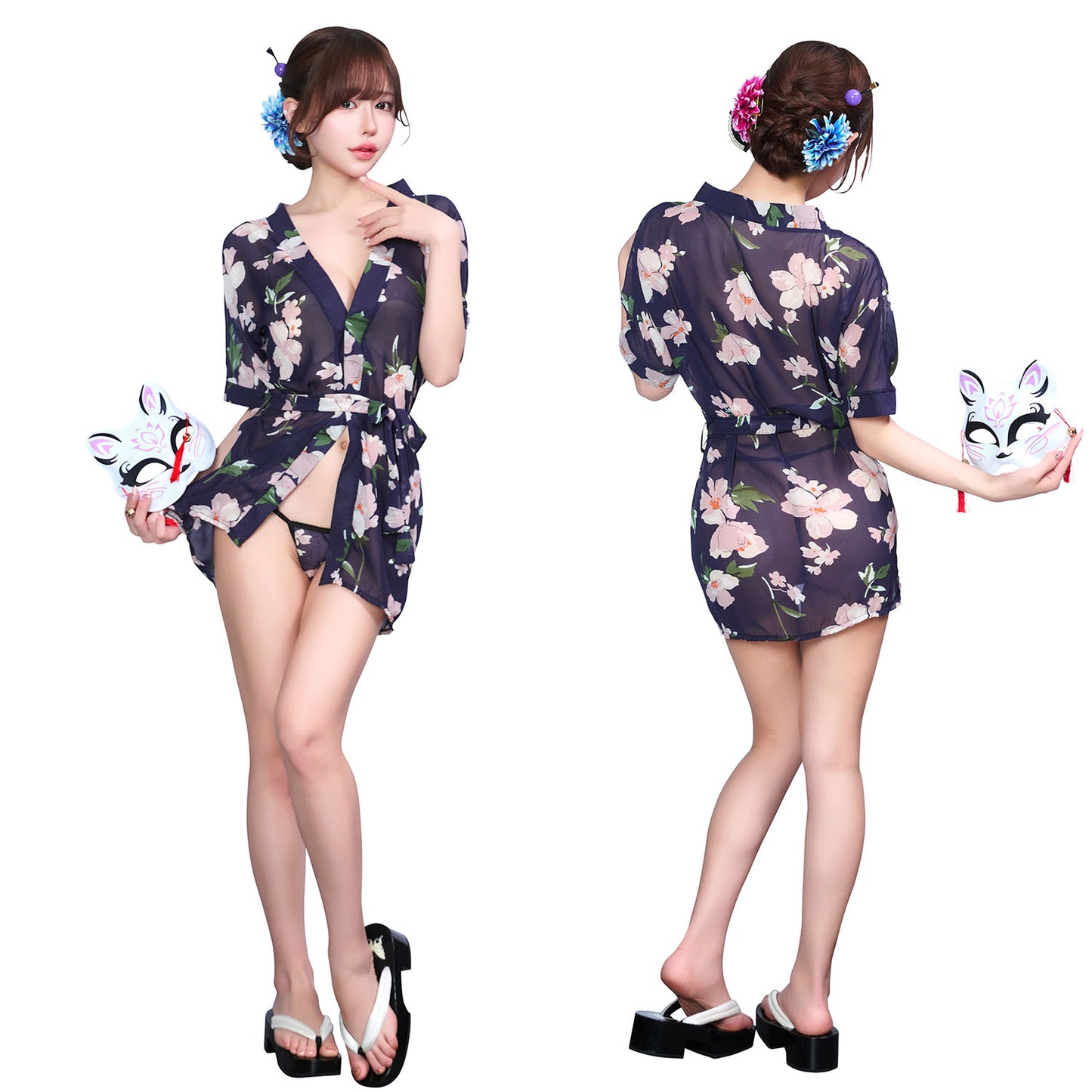 コスプレ 和風 セクシー 艶狐 花宵 レディース フリーサイズ ネイビー 【クリアストーン】