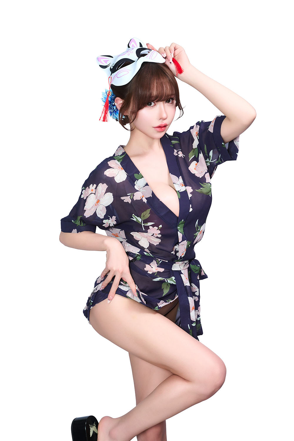 コスプレ 和風 セクシー 艶狐 花宵 レディース フリーサイズ ネイビー 【クリアストーン】