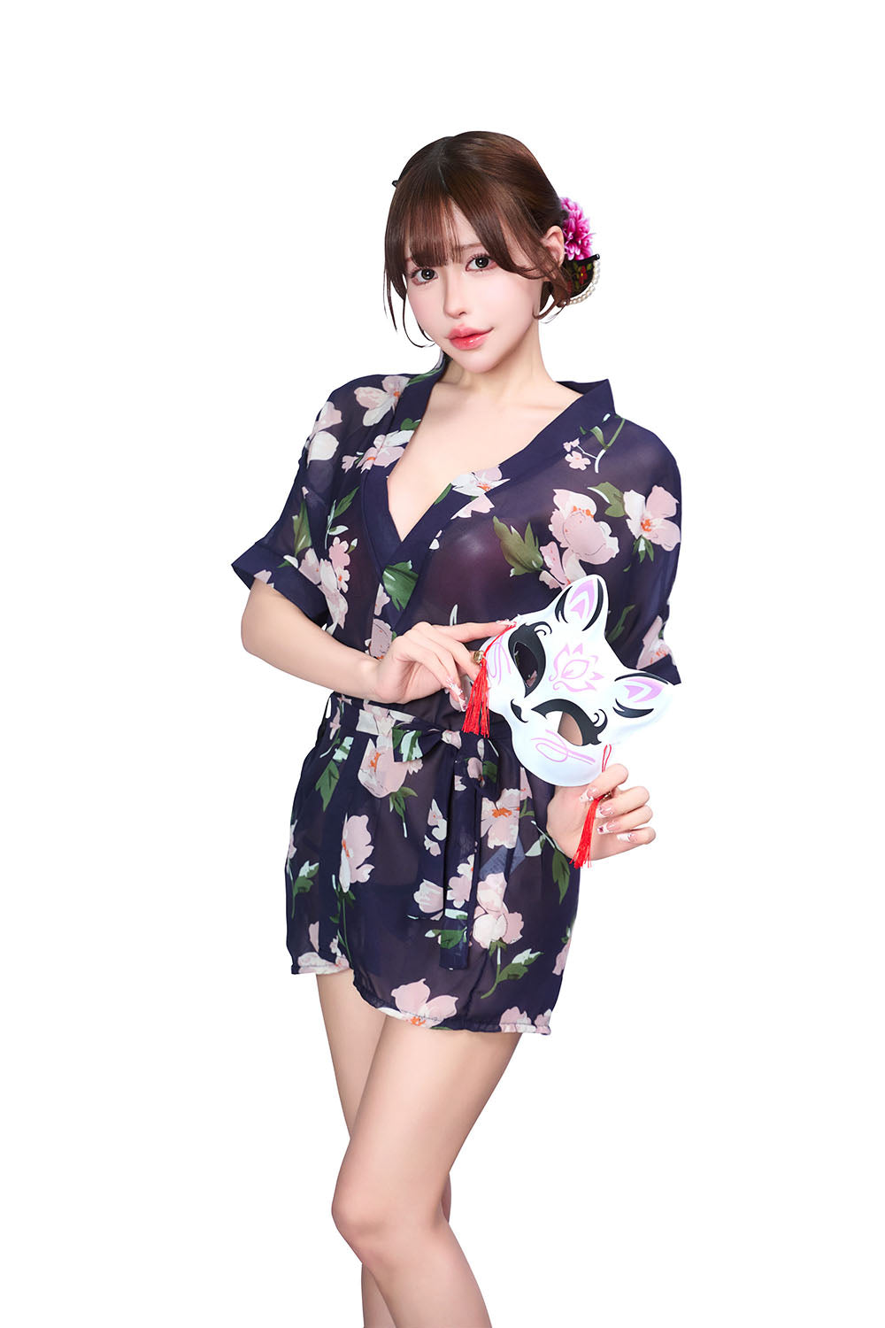 コスプレ 和風 セクシー 艶狐 花宵 レディース フリーサイズ ネイビー 【クリアストーン】