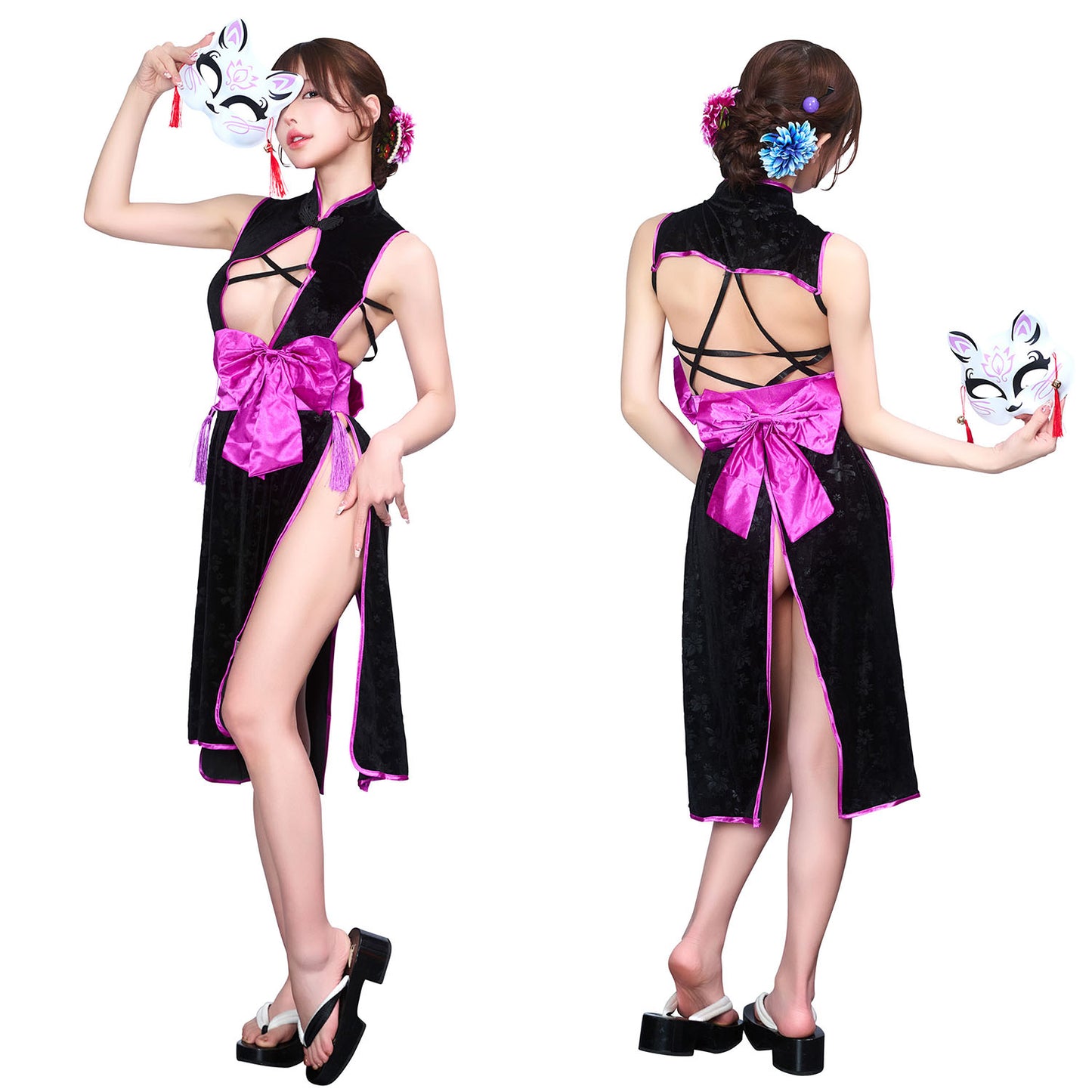 コスプレ 和風 セクシー 艶狐 紫忍 レディース フリーサイズ ブラック 【クリアストーン】