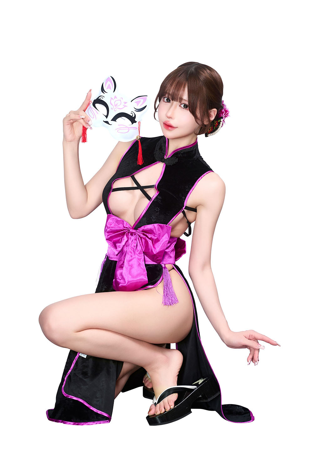 コスプレ 和風 セクシー 艶狐 紫忍 レディース フリーサイズ ブラック 【クリアストーン】