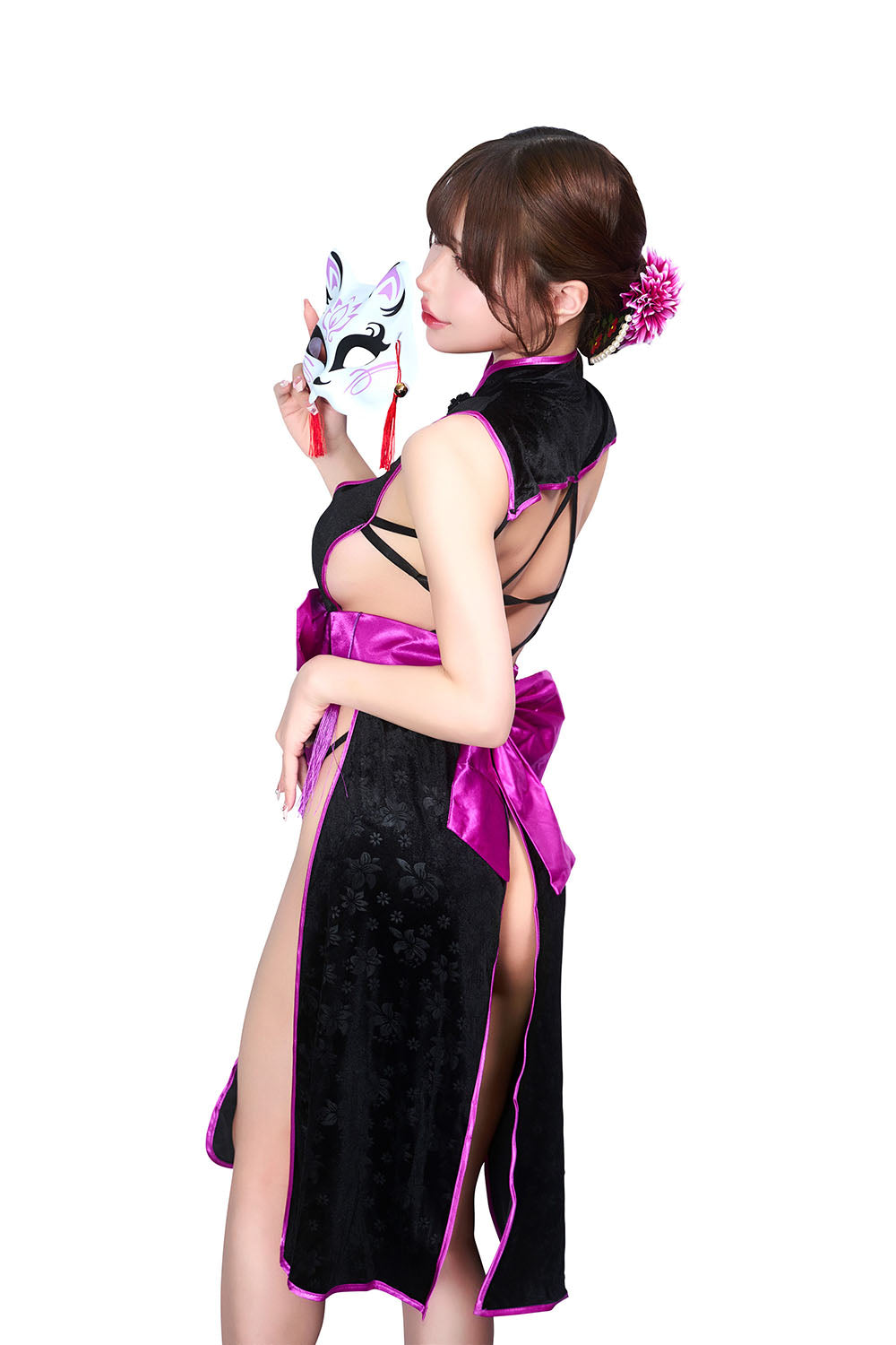 コスプレ 和風 セクシー 艶狐 紫忍 レディース フリーサイズ ブラック 【クリアストーン】