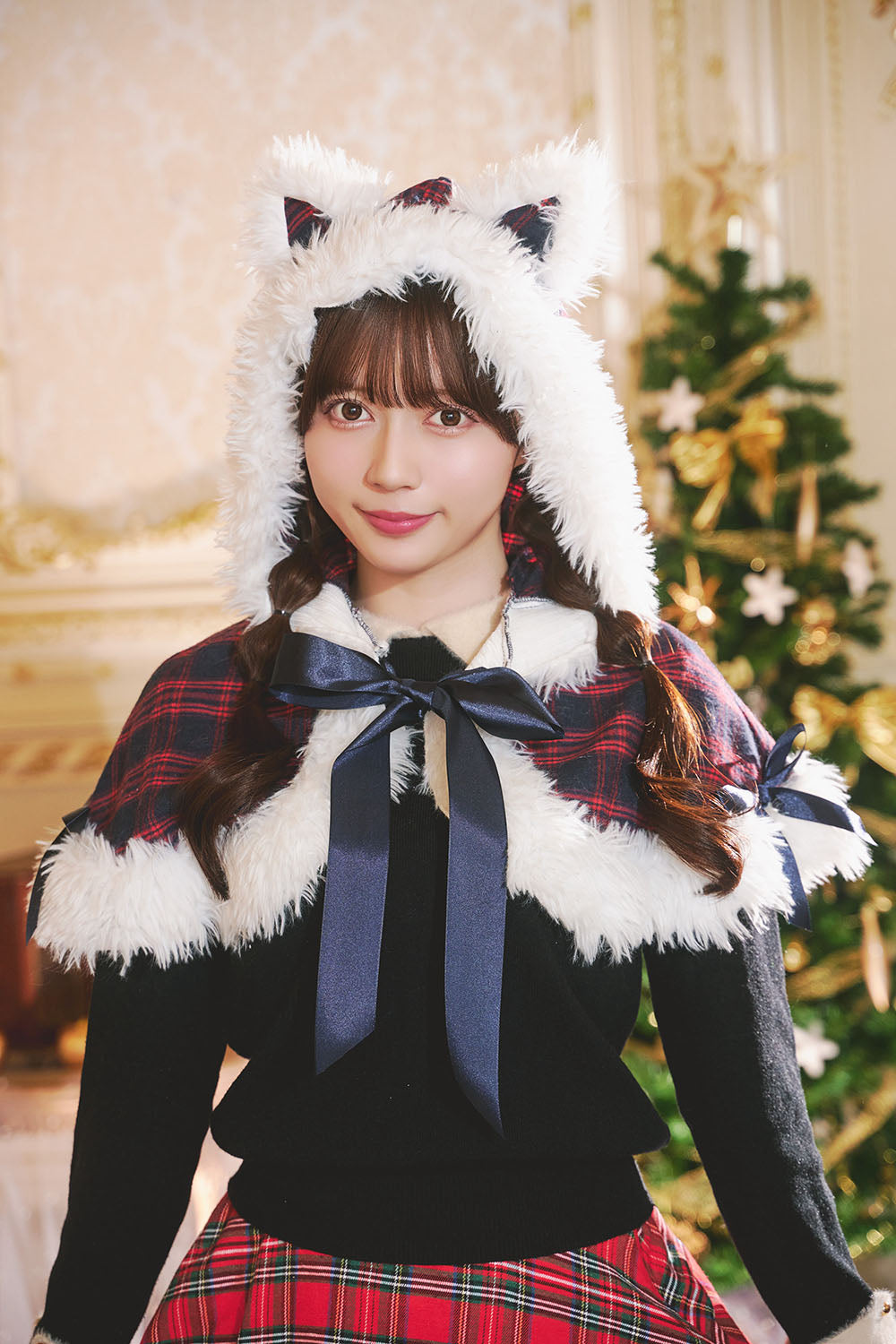 [NEW] コスプレ クリスマス 赤/黒チェックキャットケープ レディース レッド/ブラック 【クリアストーン】