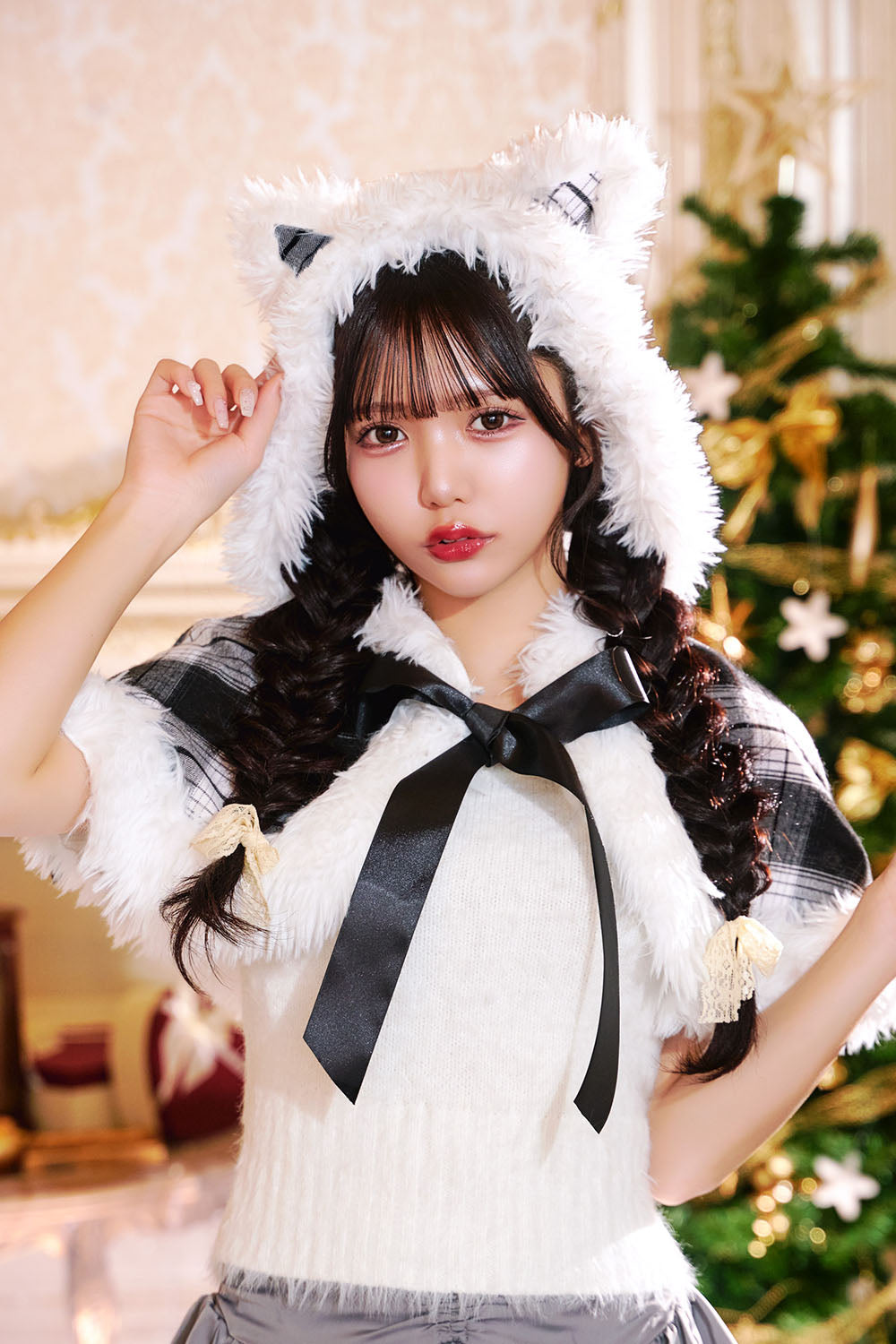 [NEW] コスプレ クリスマス 赤/黒チェックキャットケープ レディース レッド/ブラック 【クリアストーン】