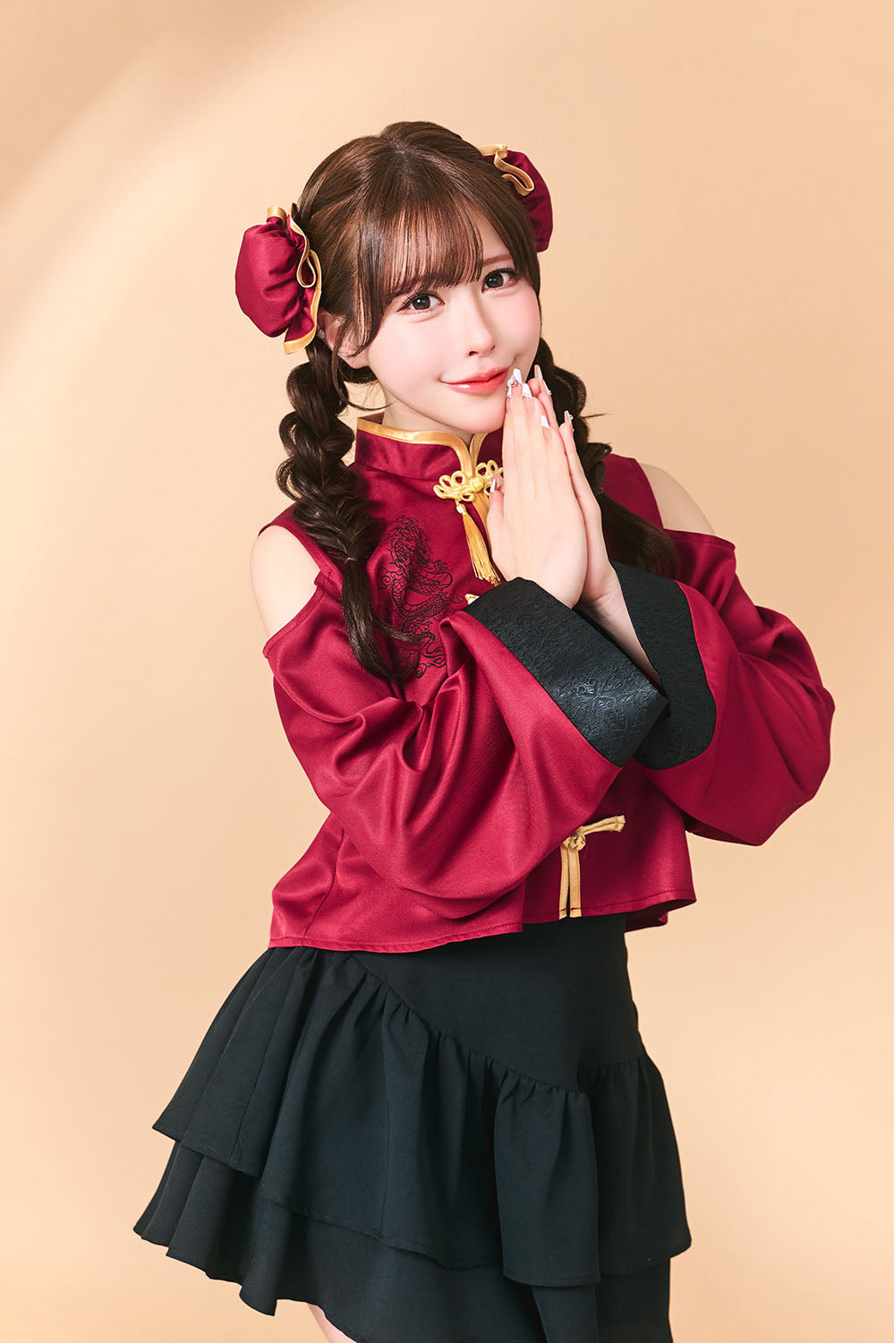 New] コスプレ アニマル トッピングトップス カンフーチャイナ 黒/紅