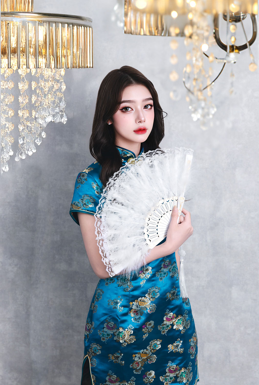 [New] コスプレ小物 チャイナ レース羽扇子 ユニセックス ホワイト/ブルー/レッド/ブラック【クリアストーン】