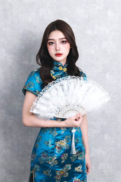 [New] コスプレ小物 チャイナ レース羽扇子 ユニセックス ホワイト/ブルー/レッド/ブラック【クリアストーン】