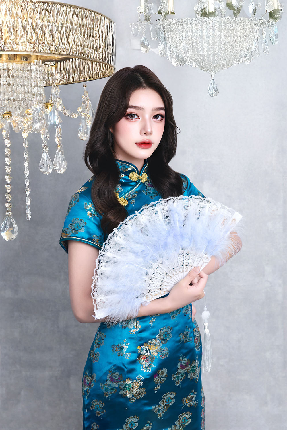 [New] コスプレ小物 チャイナ レース羽扇子 ユニセックス ホワイト/ブルー/レッド/ブラック【クリアストーン】