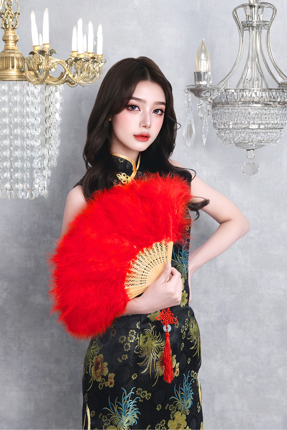 [New] コスプレ小物 チャイナ 羽扇子RICH ユニセックス ホワイト/ピンク/ブルー/レッド/ブラック【クリアストーン】